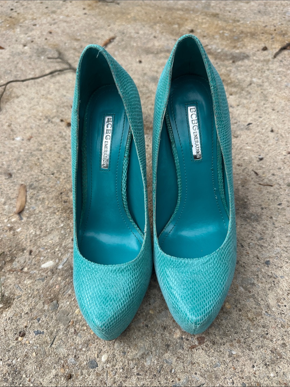 BCBGeneration Teal Pointed-Toe Snake-Embossed Pumps